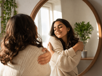 Mujer abrazándose frente al espejo